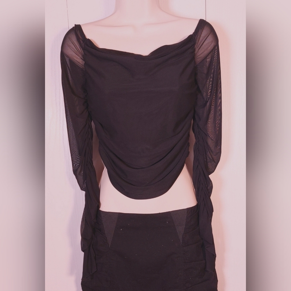 Cider Black Mesh Top Size Large Sheer Back Long Sheer Sleeves W Ruching Party - Picture 10 of 10